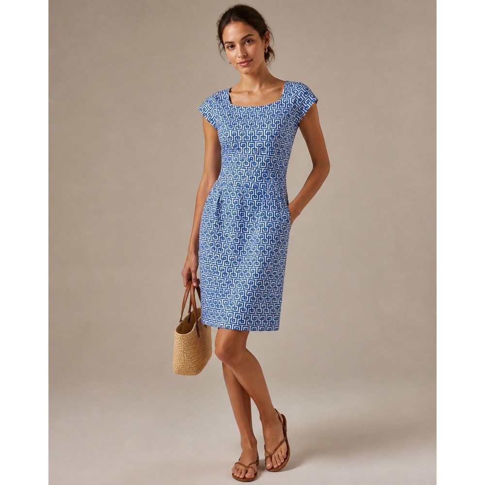 J.McLaughlin Blue‎ White Greek Key Catalina Cloth Sheath Dress Pockets Womens S